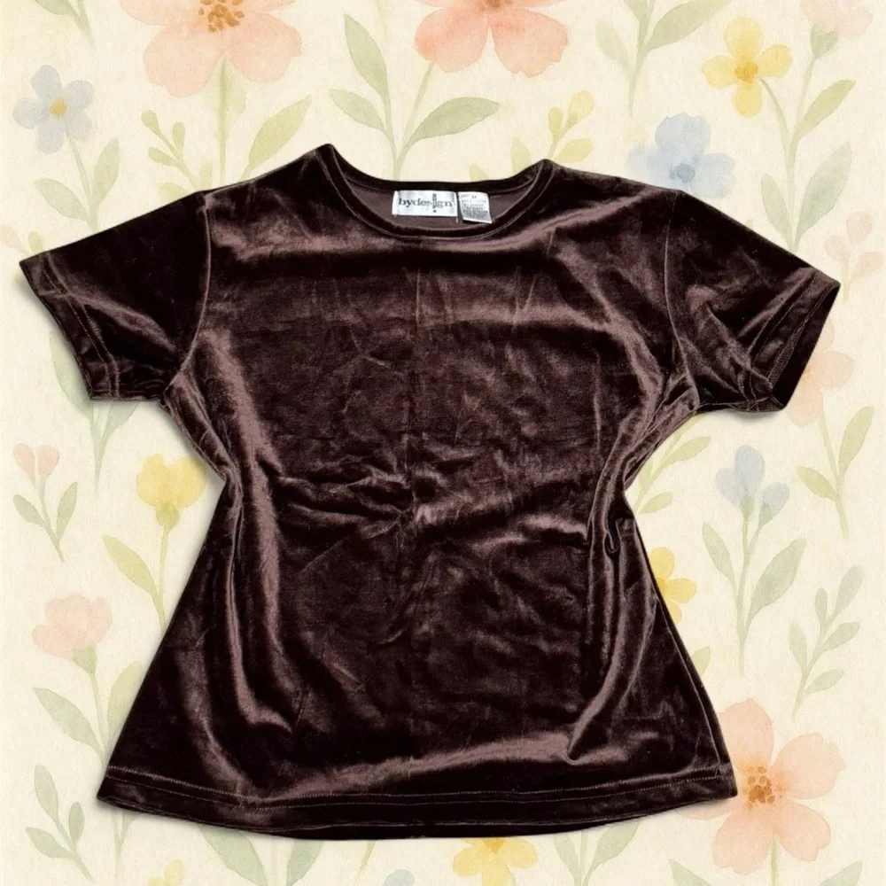 Vintage 90s Brown Velvet Top Medium Bydesign Velour Short Sleeve Baby Tee - Picture 6 of 7